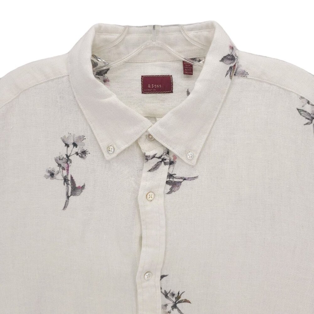 & SONS 100% Linen Long Sleeve Shirt White Floral Print Size 2XL